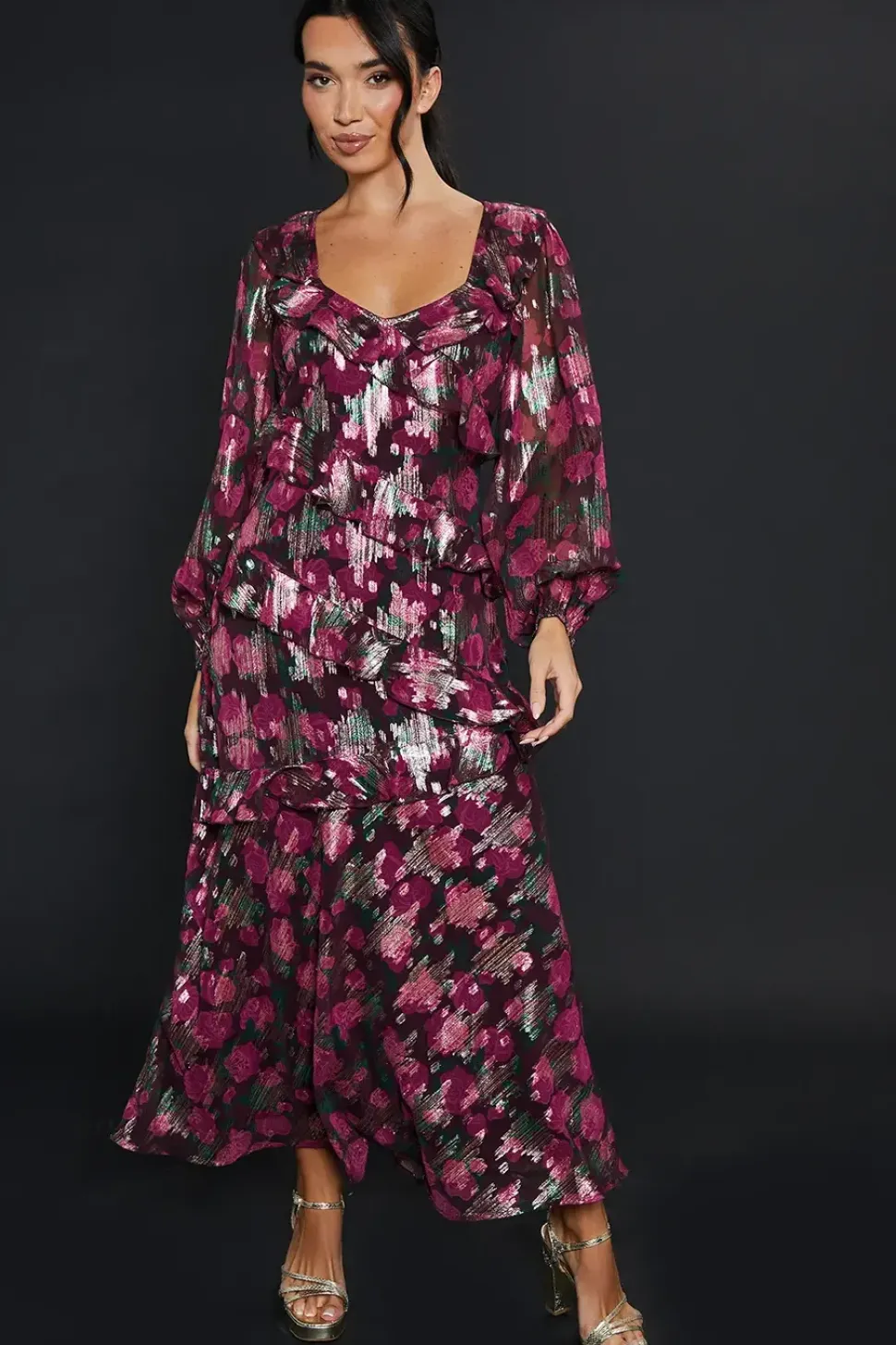Purple Floral Ruffle Long Sleeve Chiffon Metallic Midi Dress