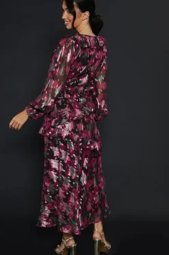 Purple Floral Ruffle Long Sleeve Chiffon Metallic Midi Dress