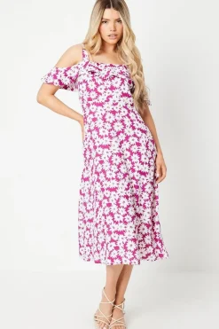 Purple Floral Ruffle Strappy Bardot Midi Dress