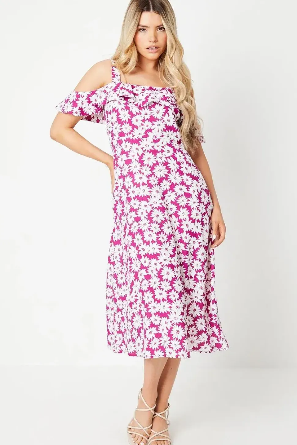 Purple Floral Ruffle Strappy Bardot Midi Dress
