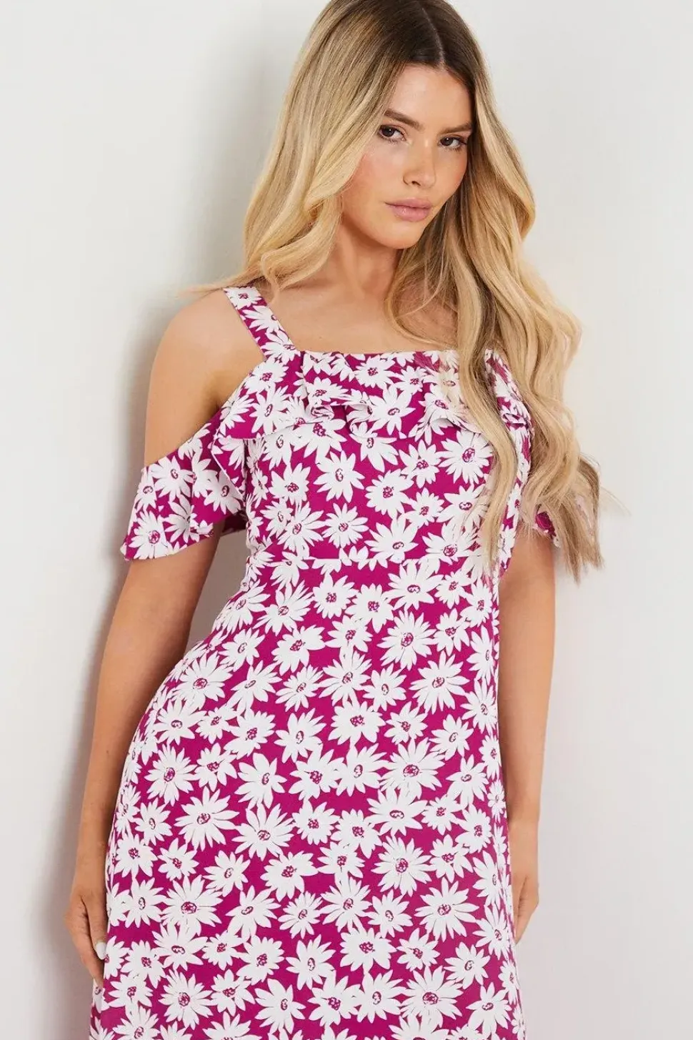 Purple Floral Ruffle Strappy Bardot Midi Dress