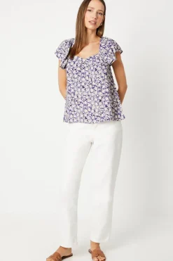 Purple Floral V Neck Frill Sleeve Blouse