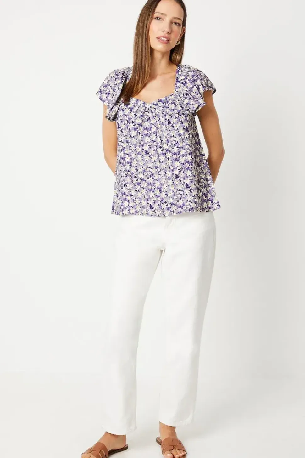 Purple Floral V Neck Frill Sleeve Blouse