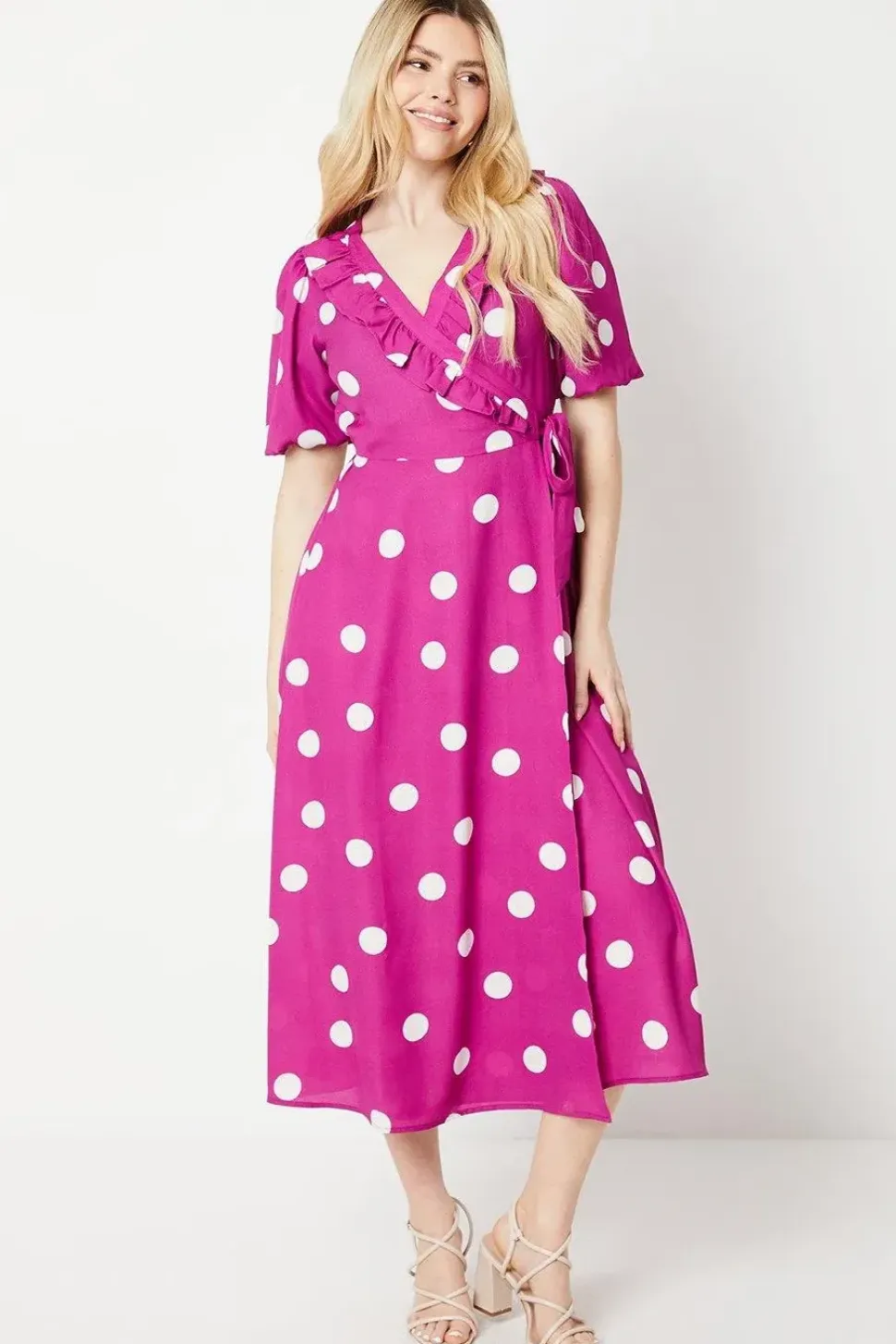 Purple Spot Ruffle Tie Side Wrap Midi Dress