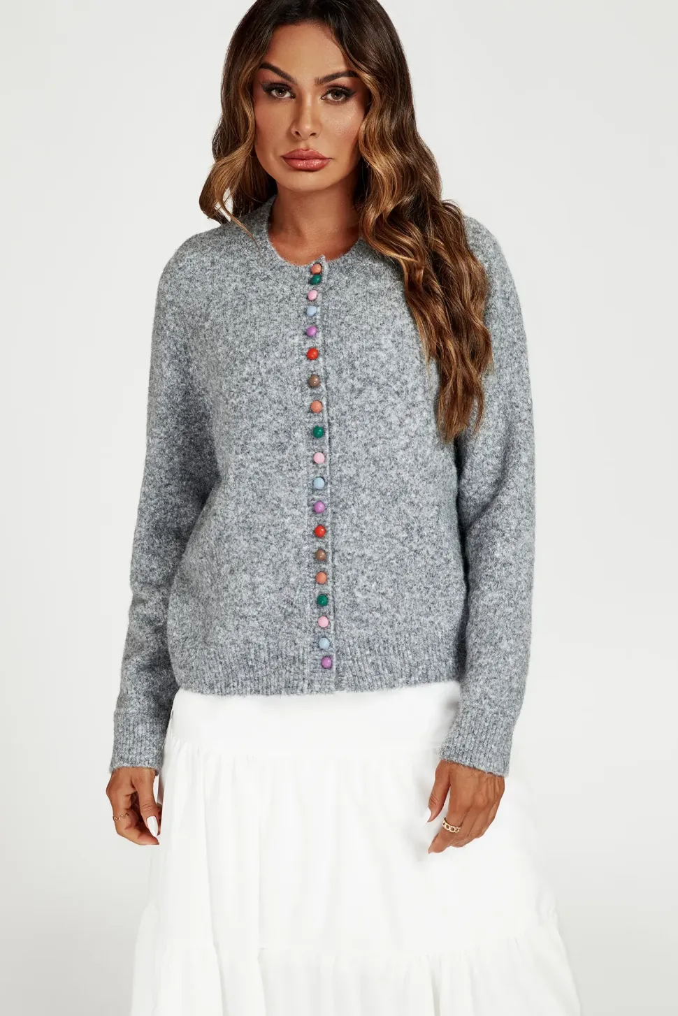 Rainbow Buttons Cardigan In Grey