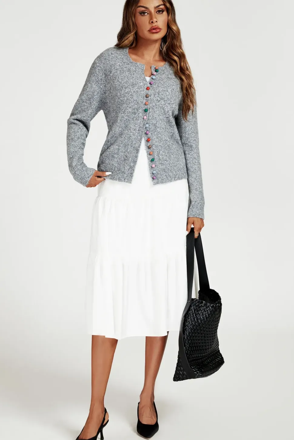 Rainbow Buttons Cardigan In Grey
