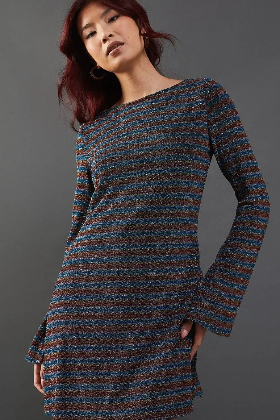 Rainbow Glitter Jersey Flute Sleeve Mini Dress