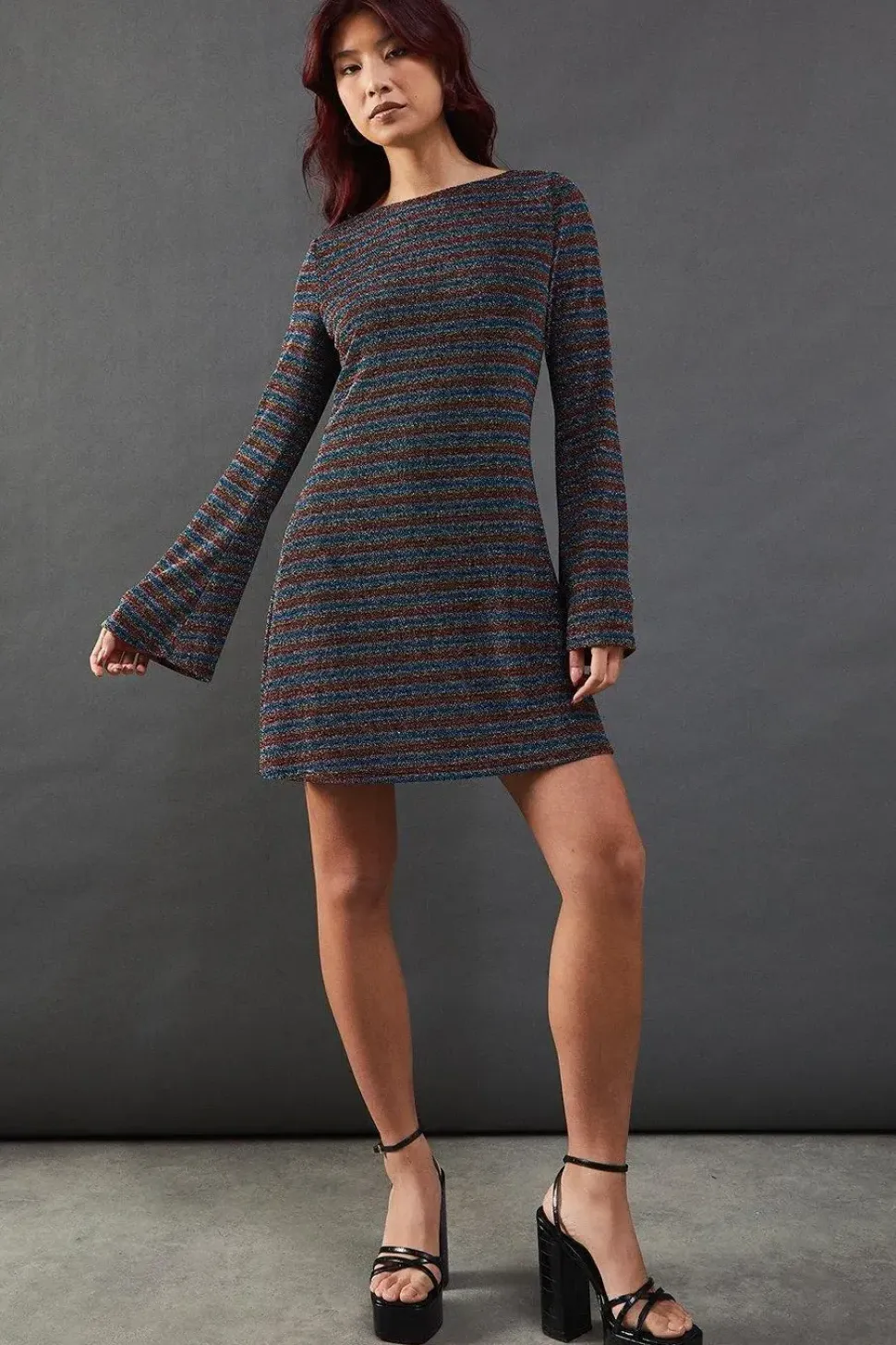 Rainbow Glitter Jersey Flute Sleeve Mini Dress