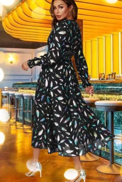 Rainbow Leaf Foil Long Sleeve Maxi Dress In Black