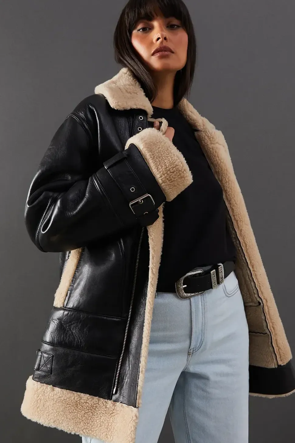 Real Leather Aviator Jacket With Faux Fur Trim