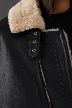Real Leather Aviator Jacket With Faux Fur Trim