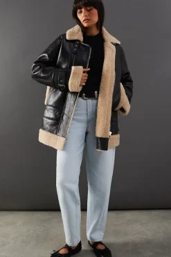 Real Leather Aviator Jacket With Faux Fur Trim