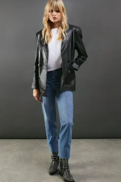 Real Leather Double Breasted Oversized Blazer