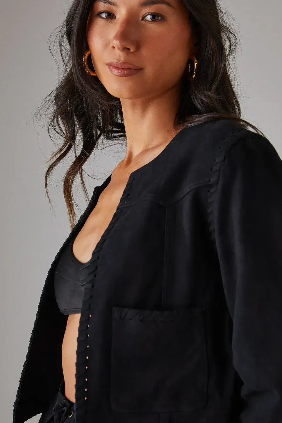 Real Suede Cropped Whipstitch Jacket