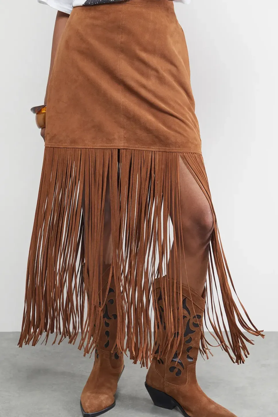 Real Suede Fringed Maxi Skirt