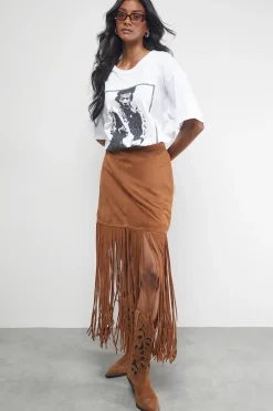 Real Suede Fringed Maxi Skirt