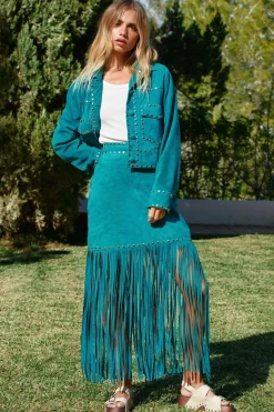Real Suede Studded Fringe Skirt