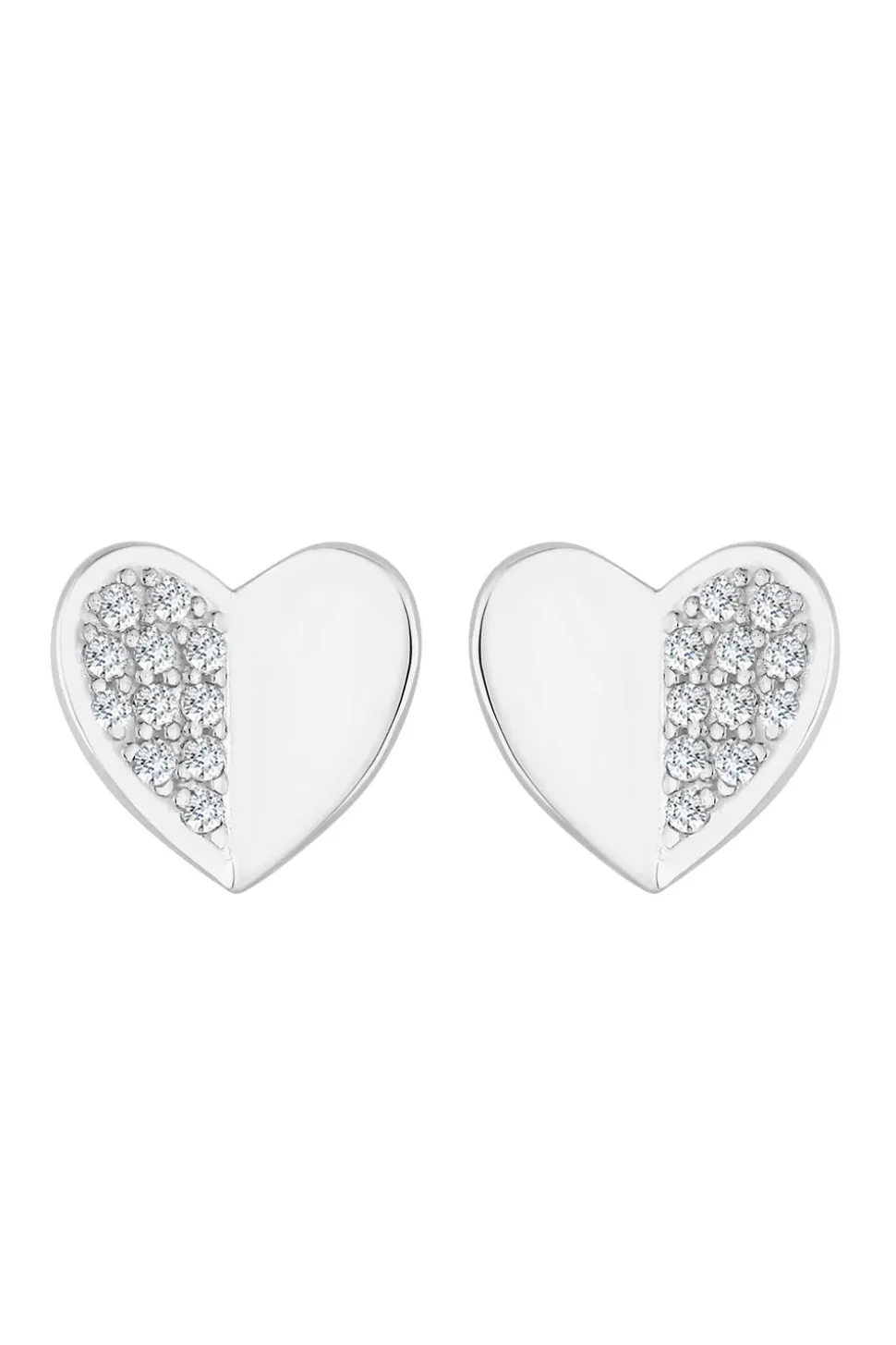 Recycled Sterling Silver 925 Mini Heart Polished And Pave Stud Earrings