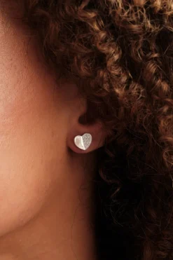 Recycled Sterling Silver 925 Mini Heart Polished And Pave Stud Earrings