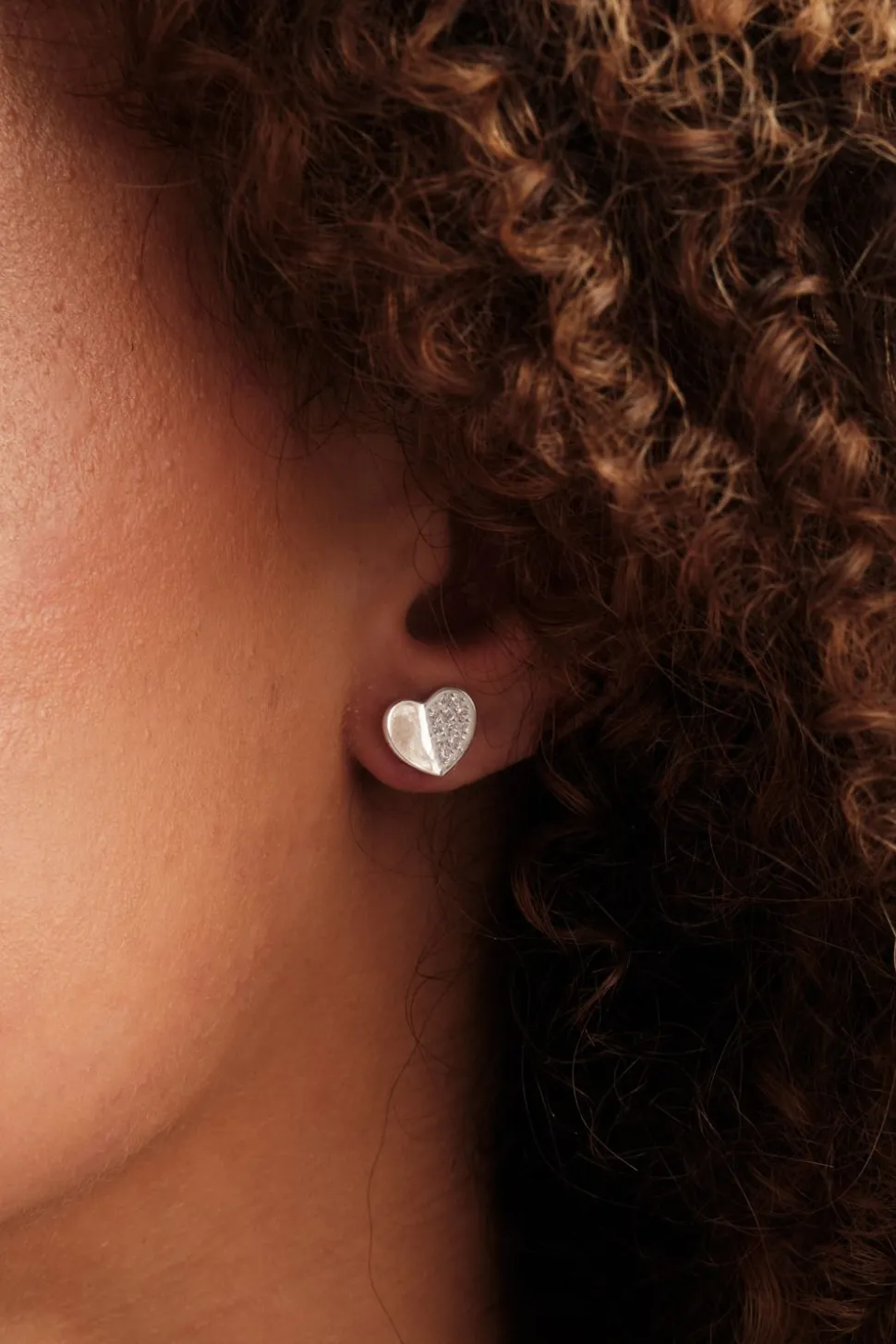 Recycled Sterling Silver 925 Mini Heart Polished And Pave Stud Earrings