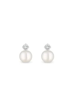 Recycled Sterling Silver 925 Pearl and Cubic Zirconia Stud Earrings