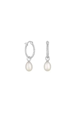 Recycled Sterling Silver 925 Ribbed Hoop Pearl Drop Earrings