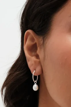 Recycled Sterling Silver 925 Ribbed Hoop Pearl Drop Earrings