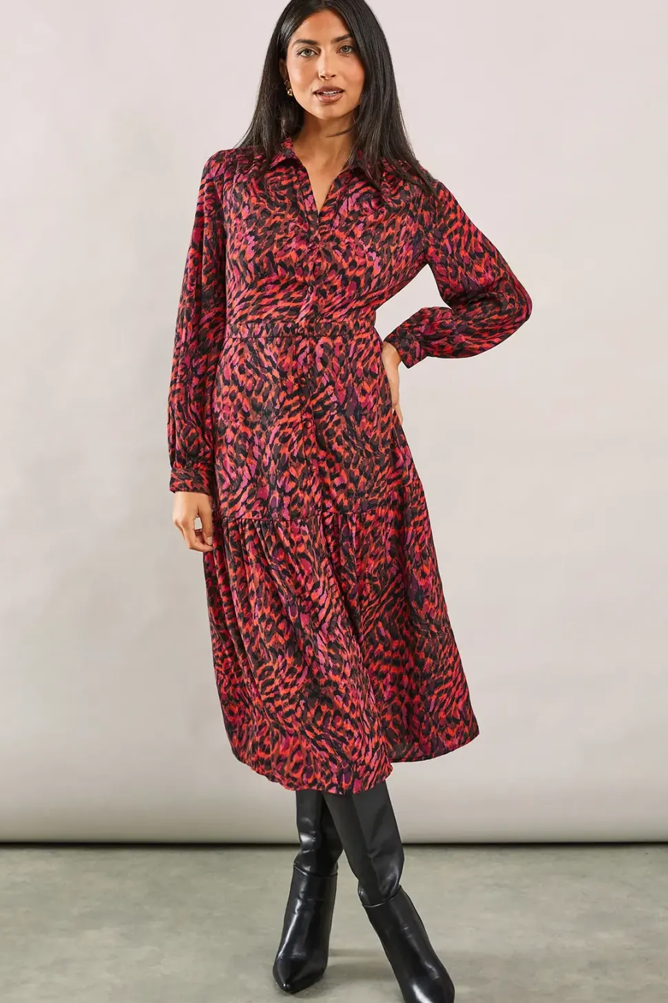 Red Abstract Woven Collared Shirt Dress