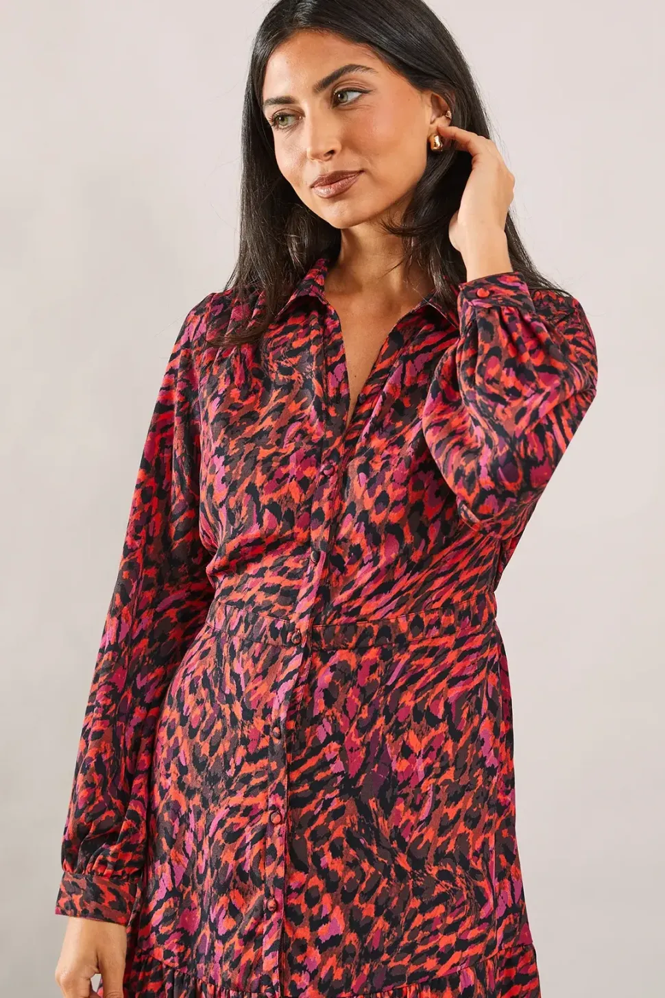 Red Abstract Woven Collared Shirt Dress