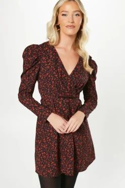 Red Animal Empire Wrap Long Sleeve Mini Dress