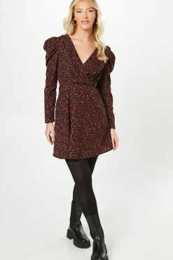 Red Animal Empire Wrap Long Sleeve Mini Dress