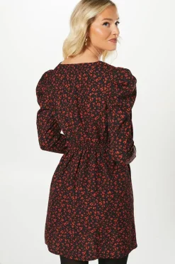 Red Animal Empire Wrap Long Sleeve Mini Dress