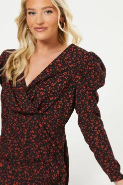 Red Animal Empire Wrap Long Sleeve Mini Dress