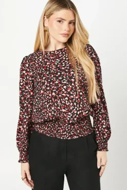 Red Animal Shirred Hem Blouse