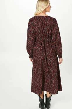 Red Animal V Neck Shirred Cuff Midi Dress