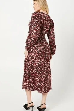 Red Animal V Neck Shirred Waist Midi Dress