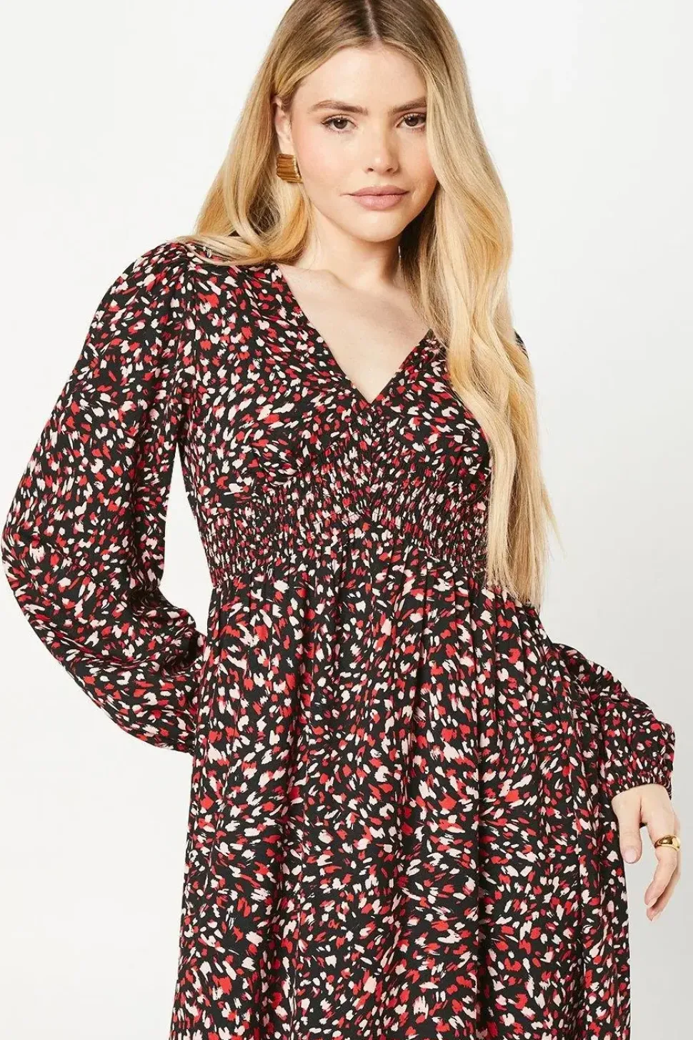 Red Animal V Neck Shirred Waist Midi Dress