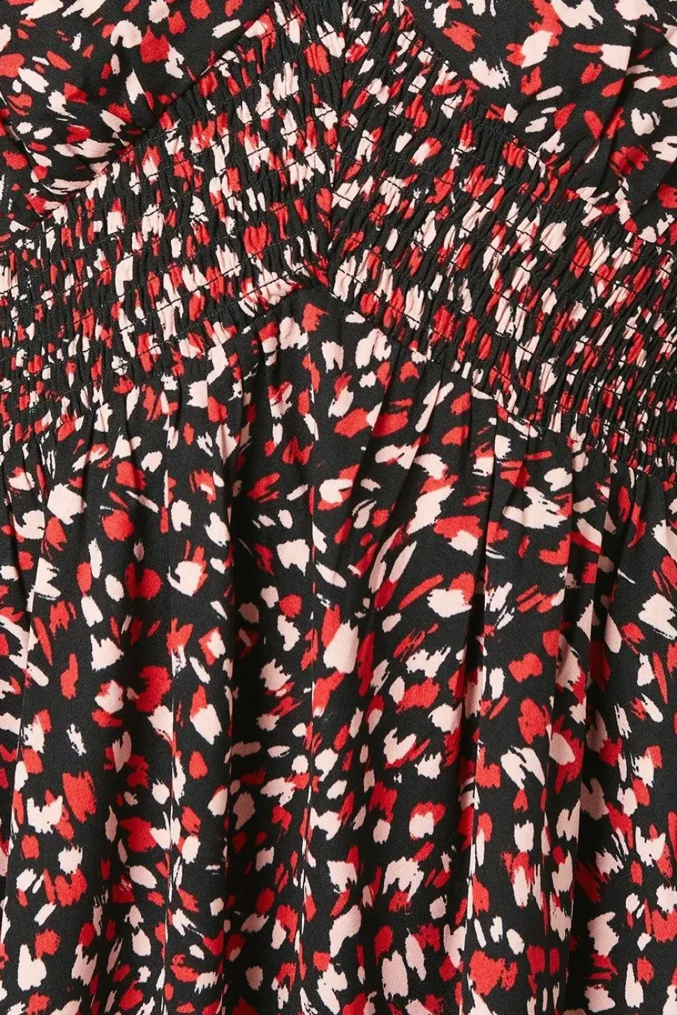 Red Animal V Neck Shirred Waist Midi Dress
