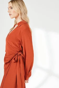 Red Belt Detail Collared Wrap Dress