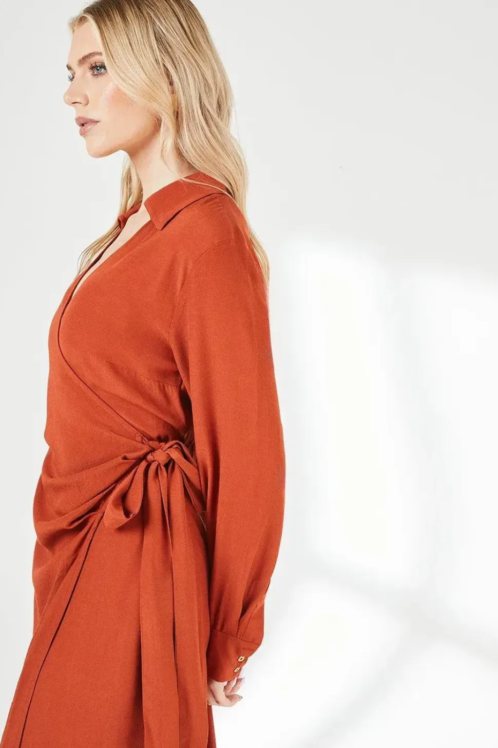 Red Belt Detail Collared Wrap Dress