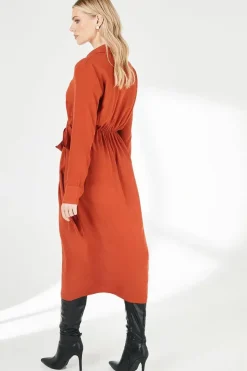 Red Belt Detail Collared Wrap Dress