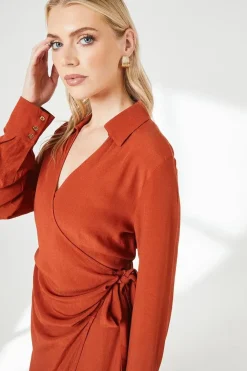 Red Belt Detail Collared Wrap Dress