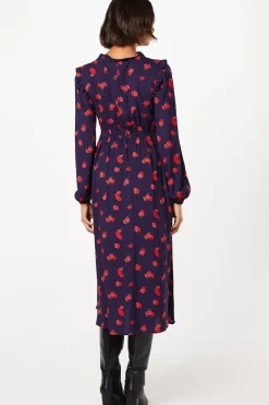 Red Ditsy Floral Tie Front Ruffle Midi Dress