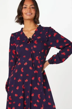Red Ditsy Floral Tie Front Ruffle Midi Dress
