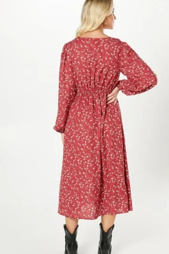 Red Ditsy Ruffle Hem Midi Dress