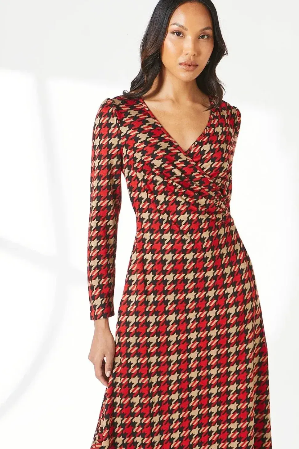 Red Dogtooth Jacquard Wrap Dress