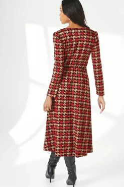 Red Dogtooth Jacquard Wrap Dress