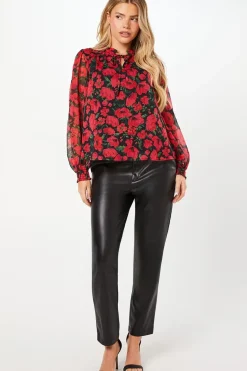 Red Floral Chiffon Ruffle Shoulder Overhead Blouse