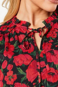 Red Floral Chiffon Ruffle Shoulder Overhead Blouse