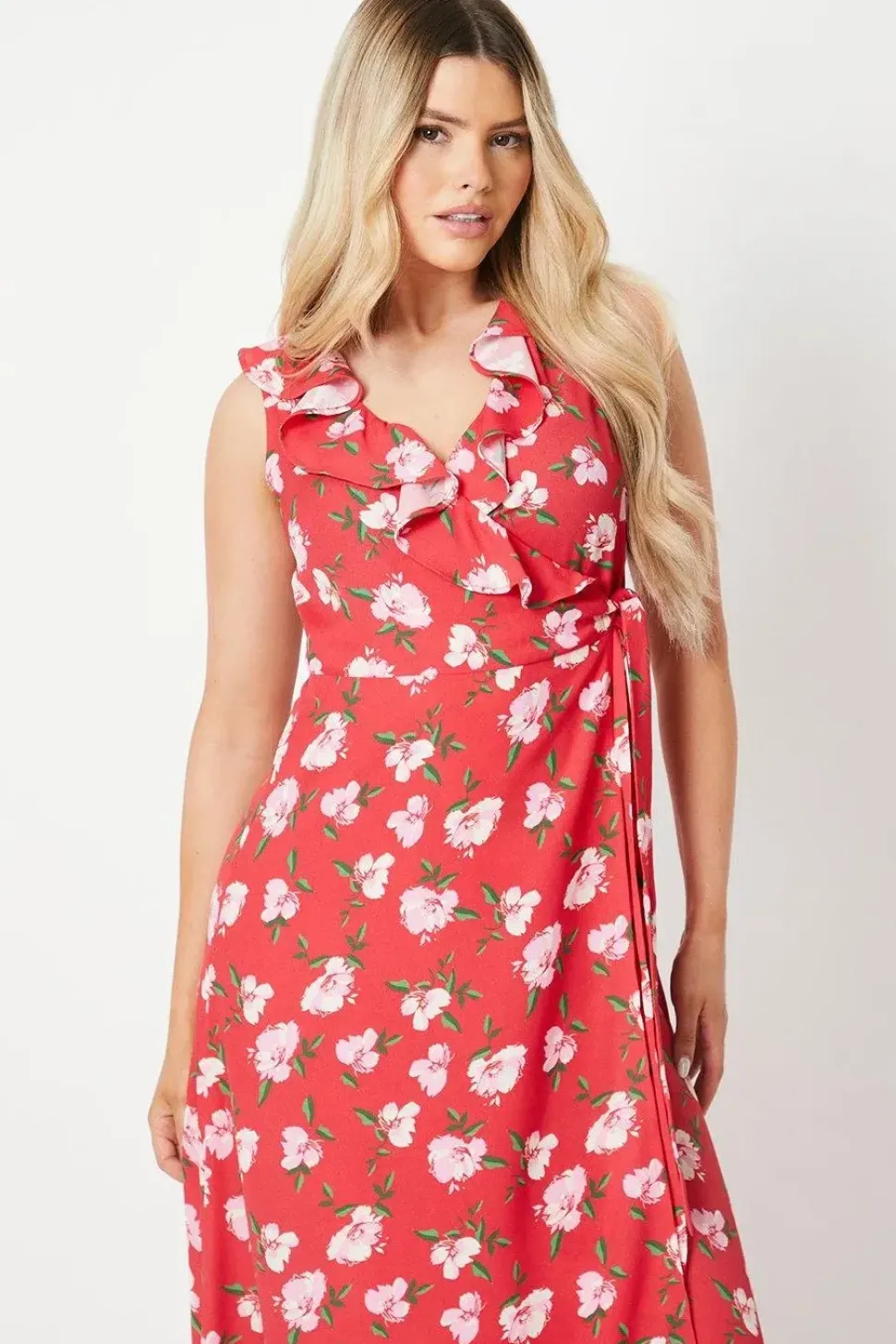 Red Floral Frill Neck Detail Wrap Midi Dress